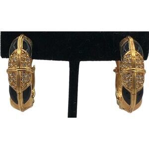 Swarovski Brand Gold Plated Black Enamel Clear Crystal Hoop Clip-On Earrings